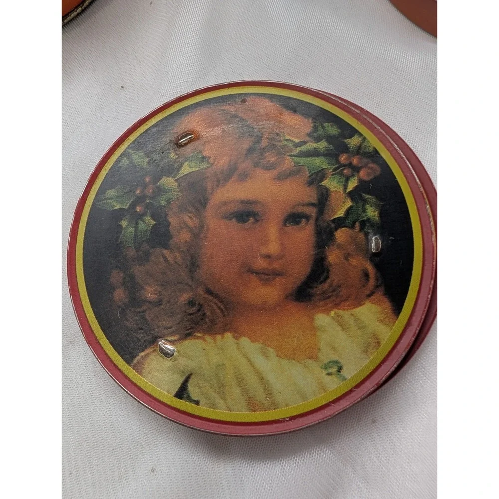Vintage Round Metal & Cork-Backed Coaster Set, 6pc Portrait Design w/ Tin